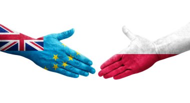 Tuvalu ile Polonya arasındaki el sıkışma ellerinde bayraklar, izole edilmiş şeffaf görüntü.