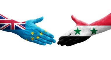 Tuvalu ve Suriye bayrakları arasındaki el sıkışma, izole edilmiş şeffaf görüntü.