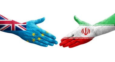 Tuvalu ve İran bayrakları arasındaki el sıkışma, izole edilmiş şeffaf görüntü.