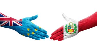 Tuvalu ve Peru bayrakları arasındaki el sıkışma ellerinde resmedilmiş şeffaf görüntü.