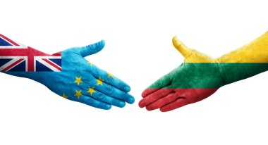 Tuvalu ve Litvanya bayrakları arasındaki tokalaşma elleri boyalı, izole şeffaf görüntü.