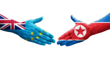 Tuvalu ve Kuzey Kore bayrakları arasındaki el sıkışma ellerinde resmedilmiş şeffaf görüntü.