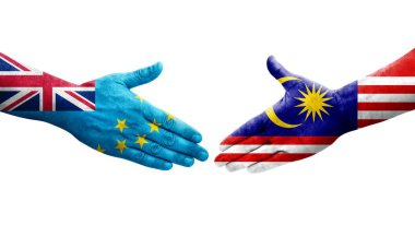 Tuvalu ve Malezya bayrakları arasındaki tokalaşma elleri boyalı, izole şeffaf görüntü.