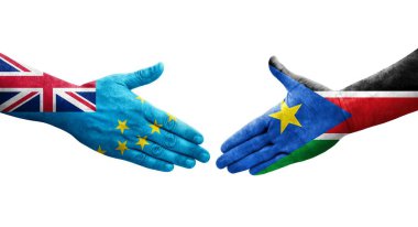 Tuvalu ve Güney Sudan bayrakları arasındaki tokalaşma elleri boyalı, izole şeffaf görüntü.