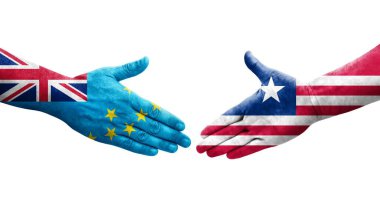 Tuvalu ve Liberya bayrakları arasındaki el sıkışma, izole edilmiş şeffaf görüntü.