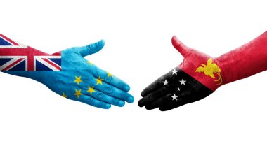 Tuvalu ve Papua Yeni Gine bayrakları arasındaki el sıkışma, izole şeffaf görüntü.