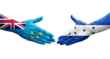 Tuvalu ve Honduras bayrakları arasındaki tokalaşma elleri boyalı, izole şeffaf görüntü.