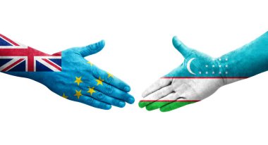 Tuvalu ile Özbekistan bayrakları arasındaki el sıkışma, izole edilmiş şeffaf resim.