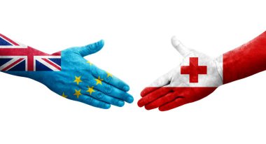 Tuvalu ve Tonga bayrakları arasındaki el sıkışma ellerinde resmedilmiş şeffaf görüntü.