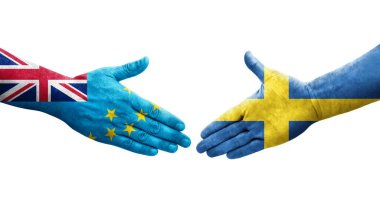 Tuvalu ve İsveç bayrakları arasındaki el sıkışma, izole şeffaf görüntü.