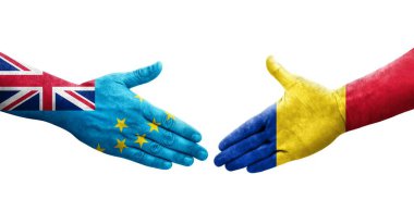 Tuvalu ve Romanya bayrakları arasındaki el sıkışma, izole edilmiş şeffaf görüntü.