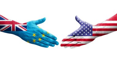 Tuvalu ve ABD bayrakları arasındaki tokalaşma elleri boyalı, izole şeffaf görüntü.