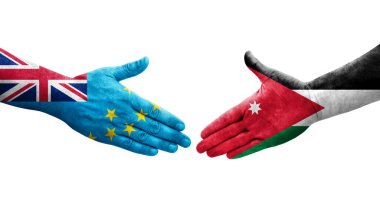 Tuvalu ve Ürdün bayrakları arasındaki el sıkışma ellere boyanmış, izole şeffaf görüntü.