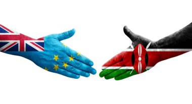 Tuvalu ve Kenya bayrakları arasındaki tokalaşma elleri boyalı, izole şeffaf görüntü.