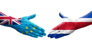 Tuvalu ve Kosta Rika bayrakları arasındaki tokalaşma ellere boyanmış, izole şeffaf görüntü.