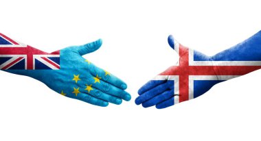 Tuvalu ve İzlanda bayrakları arasındaki el sıkışma, izole edilmiş şeffaf görüntü.