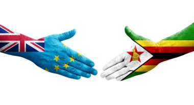 Tuvalu ve Zimbabwe bayrakları arasındaki tokalaşma elleri boyalı, izole şeffaf görüntü.