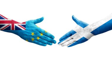 Tuvalu ve İskoçya bayrakları arasındaki tokalaşma elleri boyalı, izole şeffaf görüntü.