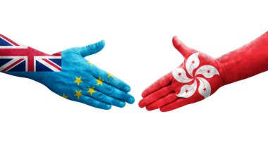 Tuvalu ve Hong Kong bayrakları arasındaki el sıkışma ellerinde resmedilmiş şeffaf görüntü.