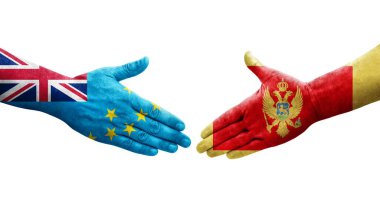 Tuvalu ve Karadağ bayrakları arasındaki el sıkışma, izole şeffaf görüntü.