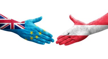 Tuvalu ve Avusturya bayrakları arasındaki tokalaşma elleri boyalı, izole şeffaf görüntü.