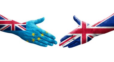 Tuvalu ile Birleşik Krallık bayrakları arasındaki el sıkışma, izole edilmiş şeffaf görüntü.