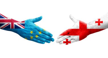 Tuvalu ve Gürcistan bayrakları arasındaki el sıkışma ellerinde şeffaf bir görüntü..