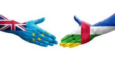 Tuvalu ve Orta Afrika Cumhuriyeti bayrakları arasındaki el sıkışma, izole şeffaf görüntü.