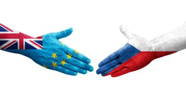 Tuvalu ve Çek bayrakları arasındaki el sıkışma ellerinde resmedilmiş şeffaf görüntü.