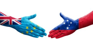 Tuvalu ve Samoa bayrakları arasındaki el sıkışma ellerinde boyanmış, izole şeffaf görüntü.