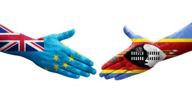 Tuvalu ve Eswatini bayrakları arasındaki tokalaşma elleri boyalı, izole şeffaf görüntü.