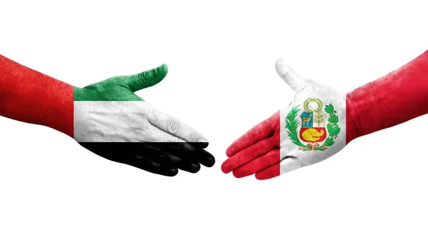 Aperto Mão Entre Bandeiras Peru Dos Emirados Árabes Unidos Pintadas — Fotografia de Stock