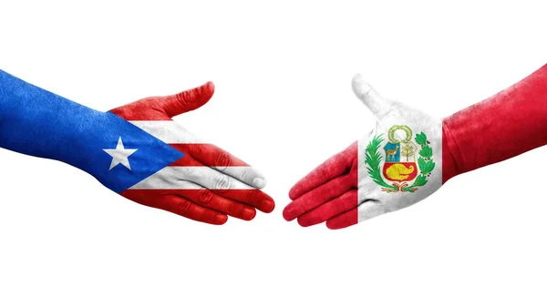 Stretta Mano Tra Perù Porto Rico Bandiere Dipinte Mani Isolata — Foto Stock