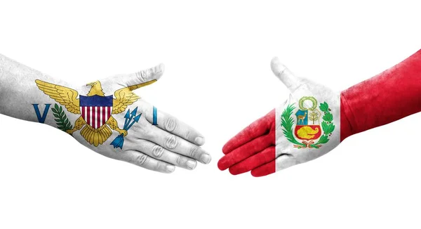 Рукопожатие Между Флагом Перу Виргинскими Островами Нарисованное Руках Изолированное Прозрачное — стоковое фото