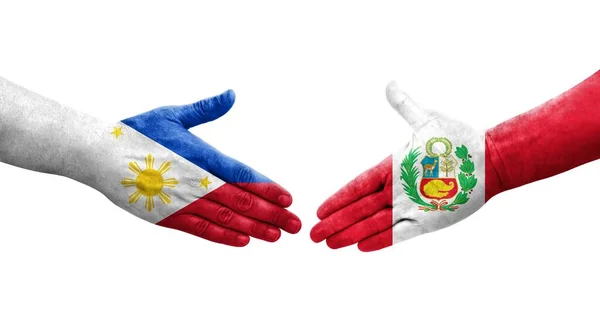 Potřesení Rukou Mezi Peruánskými Filipínskými Vlajkami Namalovanými Rukou Izolovaný Průhledný — Stock fotografie