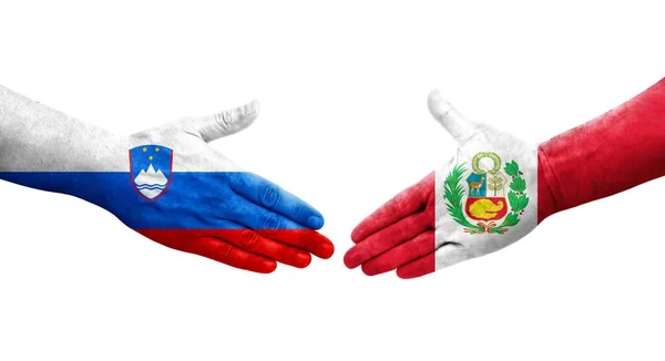 Saludo Entre Banderas Perú Eslovenia Pintadas Las Manos Imagen Transparente — Foto de Stock