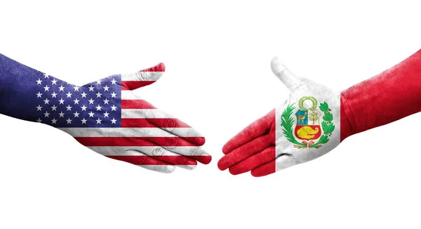Handdruk Tussen Peru Vlaggen Geschilderd Handen Geïsoleerd Transparant Beeld — Stockfoto
