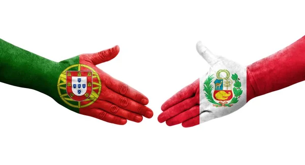 Saludo Entre Banderas Perú Portugal Pintadas Las Manos Imagen Transparente — Foto de Stock