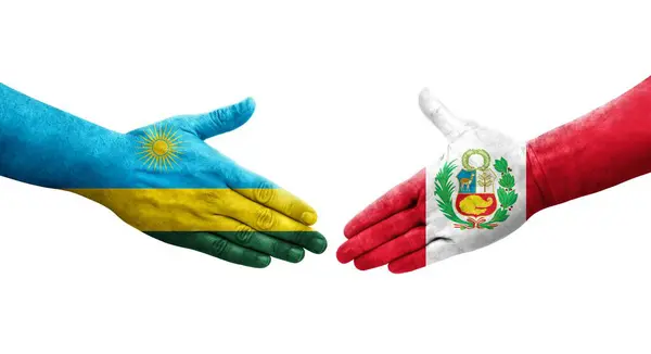 Χειραψία Μεταξύ Περού Και Ρουάντα Σημαίες Ζωγραφισμένα Στα Χέρια Απομονωμένη — Φωτογραφία Αρχείου