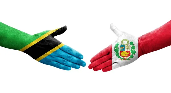 Handshake Peru Tanzania Flags Painted Hands Isolated Transparent Image — Stock Photo, Image
