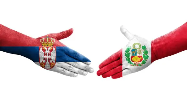 Handshake Entre Peru Sérvia Bandeiras Pintadas Mãos Imagem Transparente Isolada — Fotografia de Stock