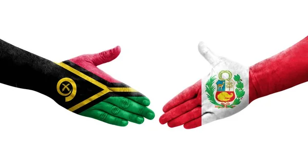 Handdruk Tussen Peru Vanuatu Vlaggen Geschilderd Handen Geïsoleerd Transparant Beeld — Stockfoto
