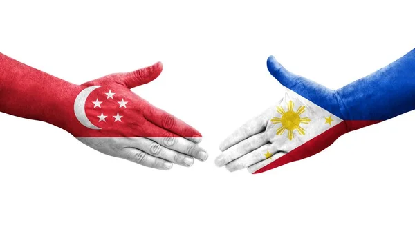 Jabat Tangan Antara Filipina Dan Bendera Singapura Dicat Tangan Gambar — Stok Foto