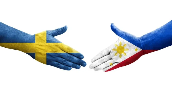 Handslag Mellan Filippinerna Och Sverige Flaggor Målade Händer Isolerad Transparent — Stockfoto