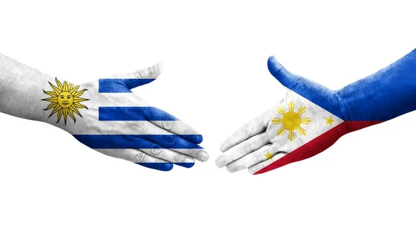 Potřesení Rukou Mezi Filipínskými Uruguayskými Vlajkami Namalovanými Rukou Izolovaný Průhledný — Stock fotografie