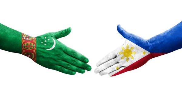 Uścisk Dłoni Między Filipinami Flagami Turkmenistanu Namalowanymi Rękach Odizolowany Przezroczysty — Zdjęcie stockowe