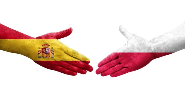 폴란드 스페인 손으로 깃발을 악수하는 고립된 이미지 — 스톡 사진