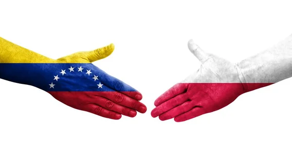 Handshake Entre Polônia Venezuela Bandeiras Pintadas Mãos Imagem Transparente Isolada — Fotografia de Stock