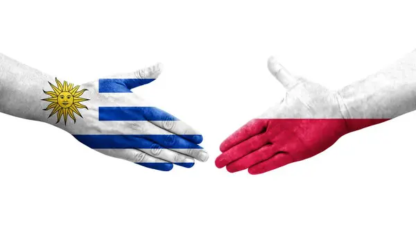 stock image Handshake between Poland and Uruguay flags painted on hands, isolated transparent image.