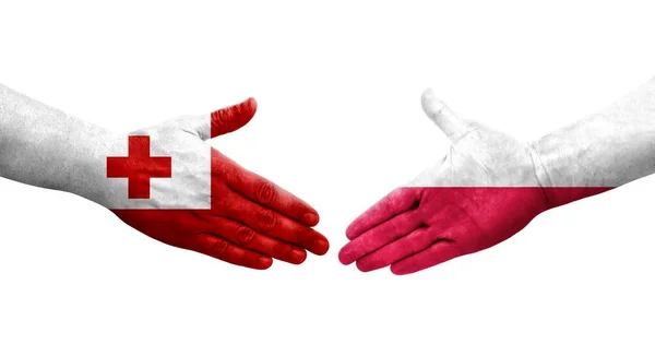 Kézfogás Lengyelország Tonga Zászlók Festett Kézen Elszigetelt Átlátszó Kép — Stock Fotó